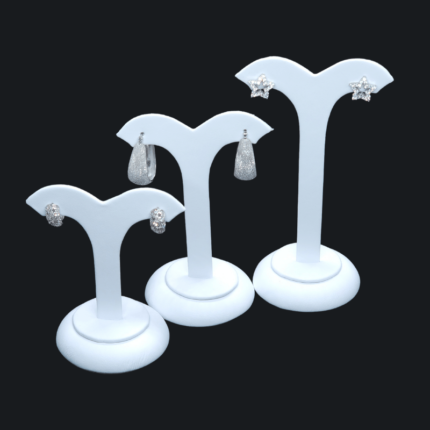 3 set white leatherette round base earring stand